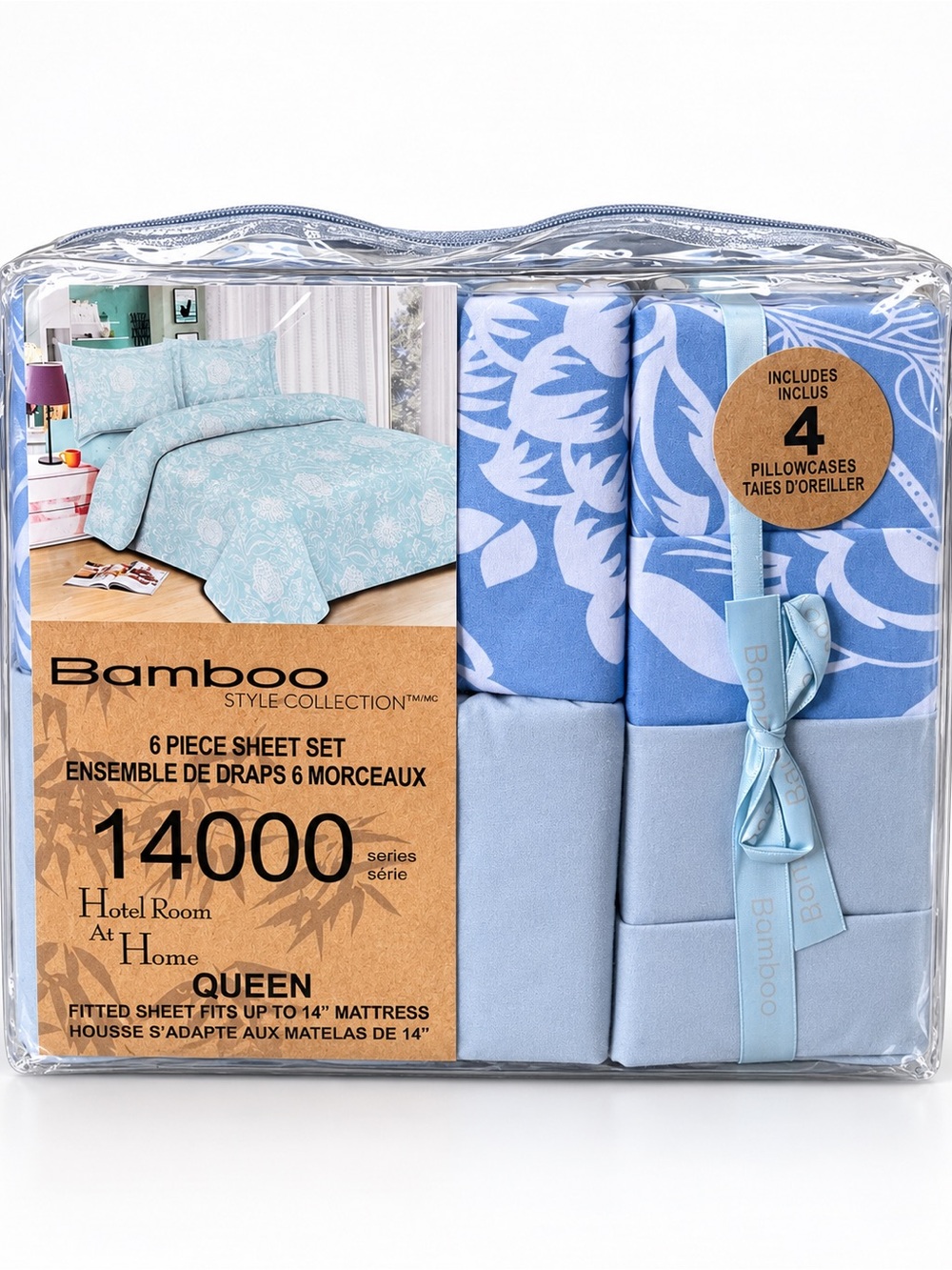 Queen 6-Piece Sheet Set - Pale Blue & Sky Blue Floral